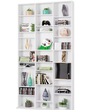 Hoge Boekenkast met 27 Vakken – Wit Houten CD/DVD Opbergrek 190 cm