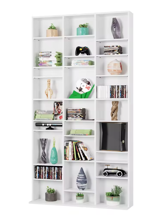 Hoge Boekenkast met 27 Vakken – Wit Houten CD/DVD Opbergrek 190 cm