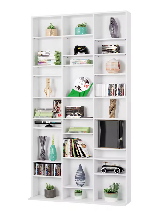 Hoge Boekenkast met 27 Vakken – Wit Houten CD/DVD Opbergrek 190 cm