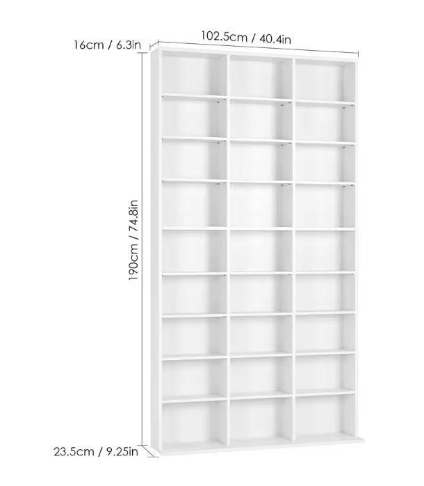 Hoge Boekenkast met 27 Vakken – Wit Houten CD/DVD Opbergrek 190 cm