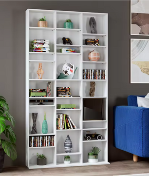 Hoge Boekenkast met 27 Vakken – Wit Houten CD/DVD Opbergrek 190 cm