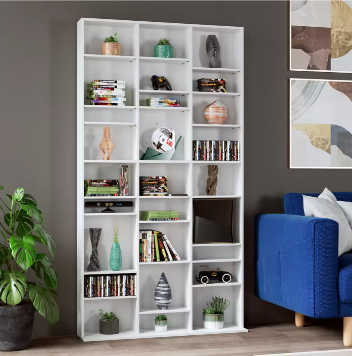 Hoge Boekenkast met 27 Vakken – Wit Houten CD/DVD Opbergrek 190 cm