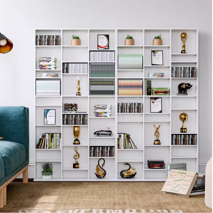 Hoge Boekenkast met 27 Vakken – Wit Houten CD/DVD Opbergrek 190 cm