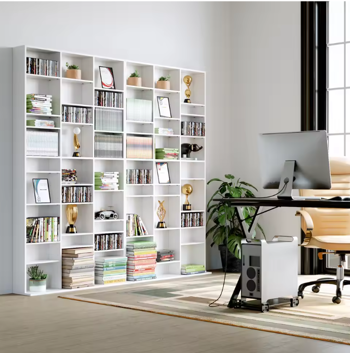 Hoge Boekenkast met 27 Vakken – Wit Houten CD/DVD Opbergrek 190 cm