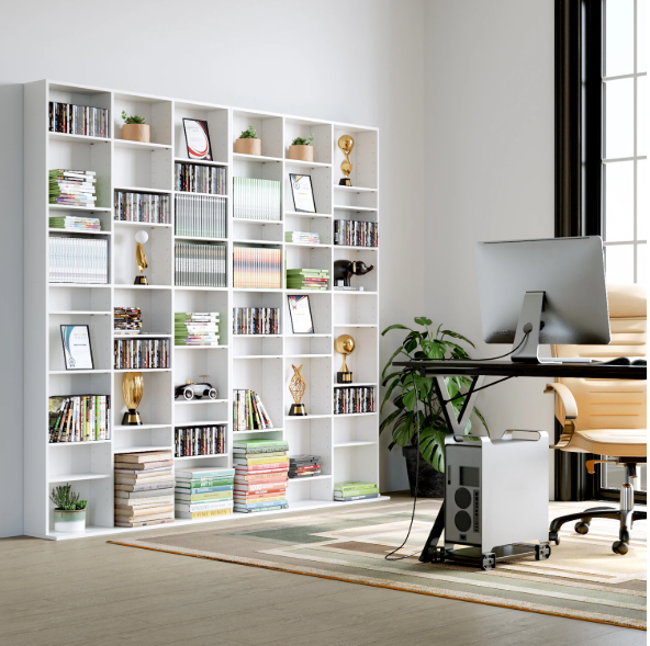 Hoge Boekenkast met 27 Vakken – Wit Houten CD/DVD Opbergrek 190 cm