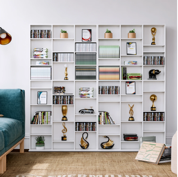 Hoge Boekenkast met 27 Vakken – Wit Houten CD/DVD Opbergrek 190 cm