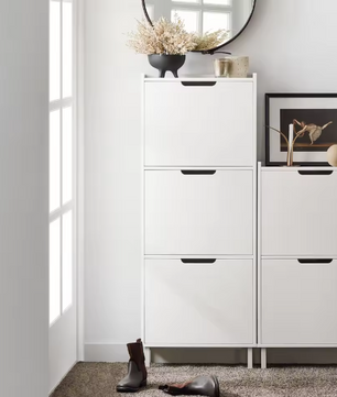 Moderne Smalle Schoenenkast met 3 Kleplades – MDF & Metaal, 50x129x19 cm