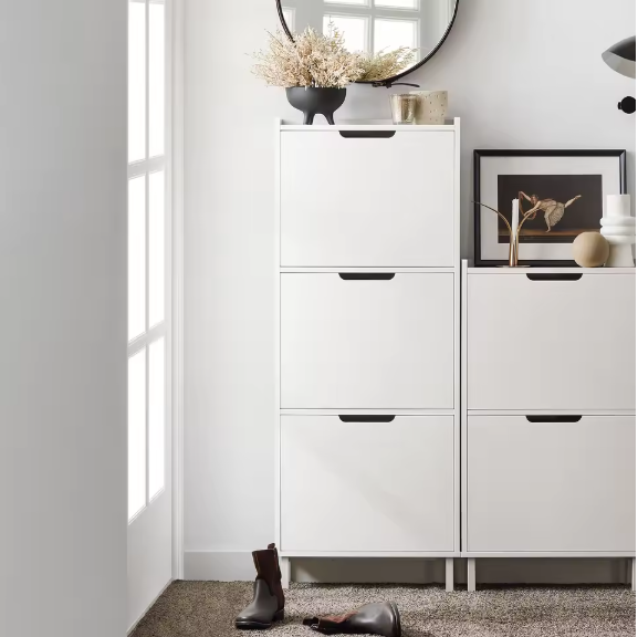 Moderne Smalle Schoenenkast met 3 Kleplades – MDF & Metaal, 50x129x19 cm