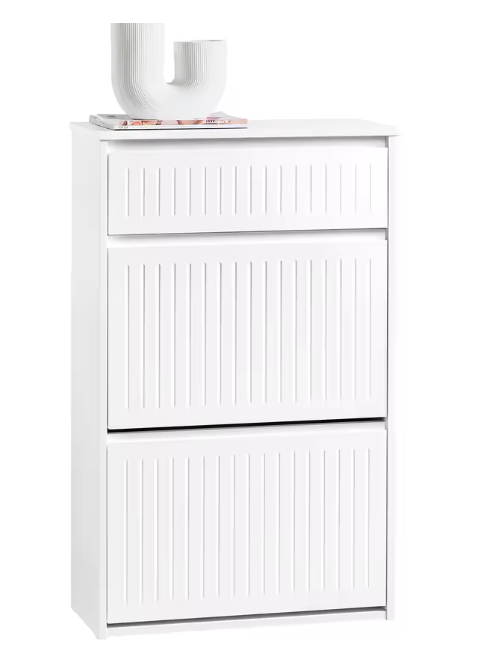 Smalle Schoenenkast met 2 Kleplades & Lade – MDF Wit, 61x101x26 cm