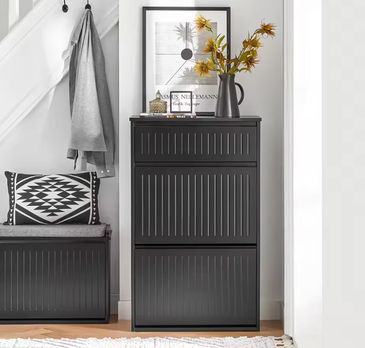 Smalle Schoenenkast met 2 Kleplades & Lade – MDF Wit, 61x101x26 cm