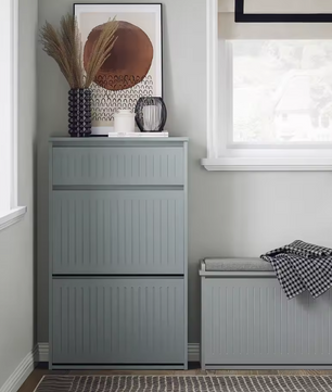 Smalle Schoenenkast met 2 Kleplades & Lade – MDF Wit, 61x101x26 cm