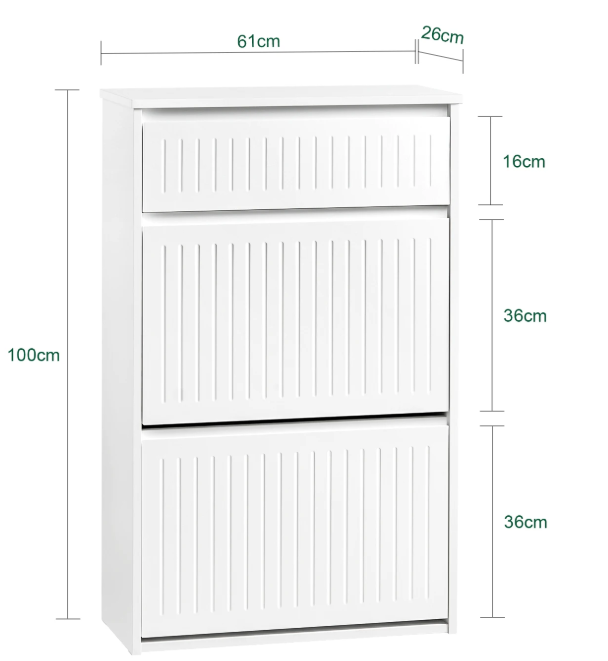 Smalle Schoenenkast met 2 Kleplades & Lade – MDF Wit, 61x101x26 cm