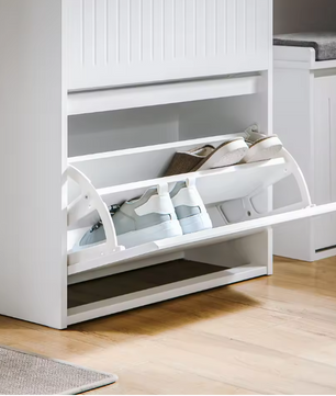 Smalle Schoenenkast met 2 Kleplades & Lade – MDF Wit, 61x101x26 cm