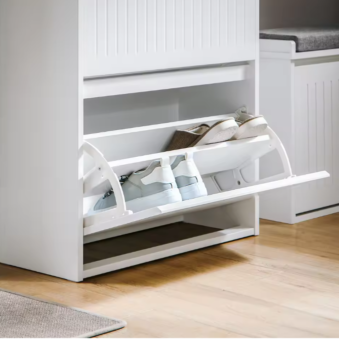 Smalle Schoenenkast met 2 Kleplades & Lade – MDF Wit, 61x101x26 cm