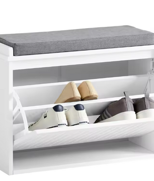 Witte Schoenenbank met Klep & Zitkussen – MDF Opbergkast 62x46x26 cm
