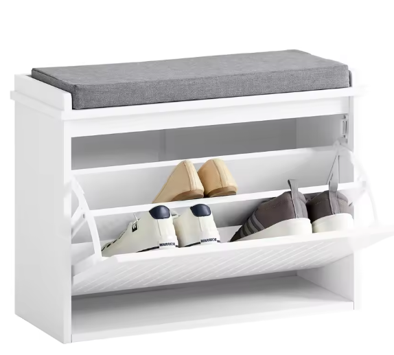 Witte Schoenenbank met Klep & Zitkussen – MDF Opbergkast 62x46x26 cm