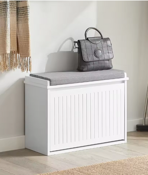 Witte Schoenenbank met Klep & Zitkussen – MDF Opbergkast 62x46x26 cm
