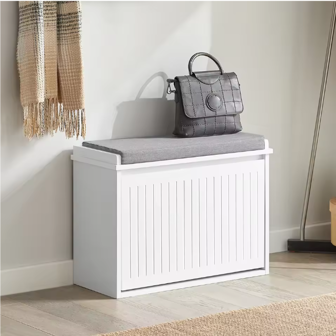Witte Schoenenbank met Klep & Zitkussen – MDF Opbergkast 62x46x26 cm
