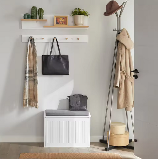 Witte Schoenenbank met Klep & Zitkussen – MDF Opbergkast 62x46x26 cm