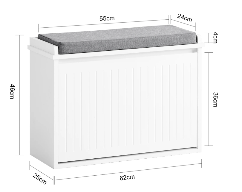 Witte Schoenenbank met Klep & Zitkussen – MDF Opbergkast 62x46x26 cm