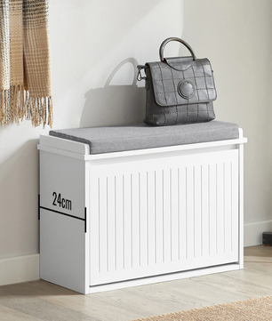 Witte Schoenenbank met Klep & Zitkussen – MDF Opbergkast 62x46x26 cm