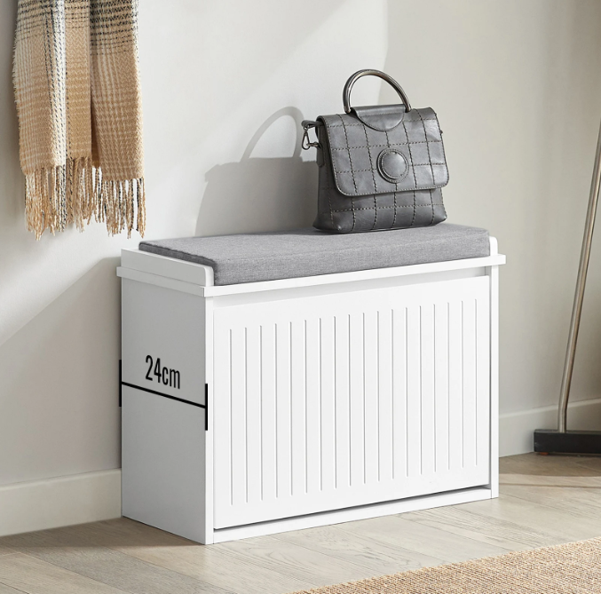Witte Schoenenbank met Klep & Zitkussen – MDF Opbergkast 62x46x26 cm