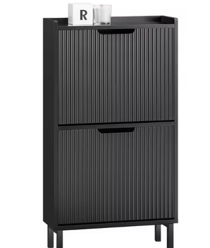 Smalle Schoenenkast met 2 Kleplades – Zwart MDF & Metaal, 50x90x19 cm