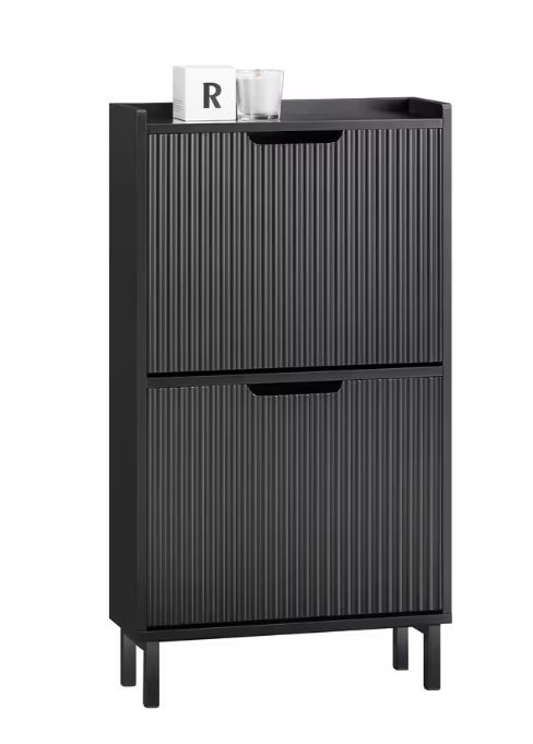 Smalle Schoenenkast met 2 Kleplades – Zwart MDF & Metaal, 50x90x19 cm