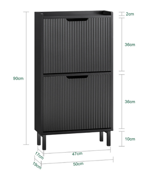 Smalle Schoenenkast met 2 Kleplades – Zwart MDF & Metaal, 50x90x19 cm