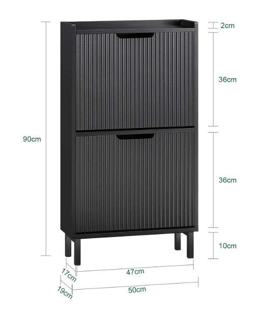 Smalle Schoenenkast met 2 Kleplades – Zwart MDF & Metaal, 50x90x19 cm