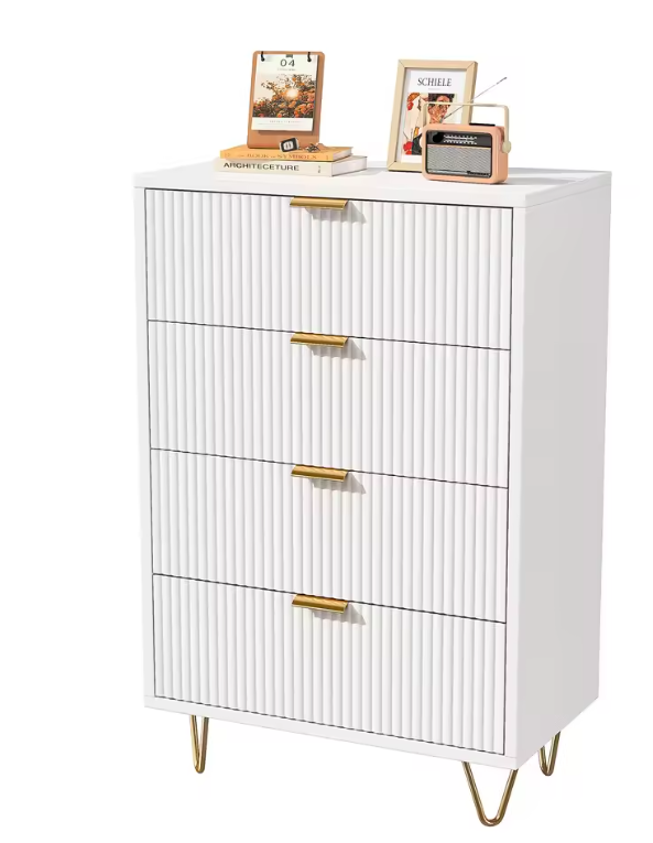 Moderne Witte Ladekast met 4 Lades & Gouden Handgrepen – 60x34x91 cm