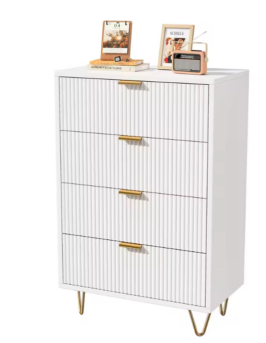 Moderne Witte Ladekast met 4 Lades & Gouden Handgrepen – 60x34x91 cm