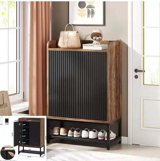 Houten Badkamerkast met 6 Lagen & Dubbele Deuren – Opbergkast met Verstelbare Planken