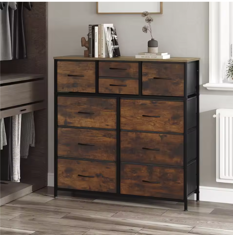 Industriële Ladekast met 8 Stoffen Lades – Metaal & Hout, 100x100x30 cm
