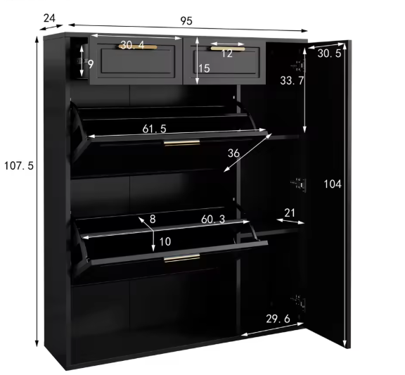 Moderne Zwarte Schoenenkast met Lades & Verstelbare Planken – MDF & Metaal