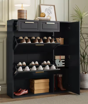 Moderne Zwarte Schoenenkast met Lades & Verstelbare Planken – MDF & Metaal