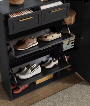 Moderne Zwarte Schoenenkast met Lades & Verstelbare Planken – MDF & Metaal