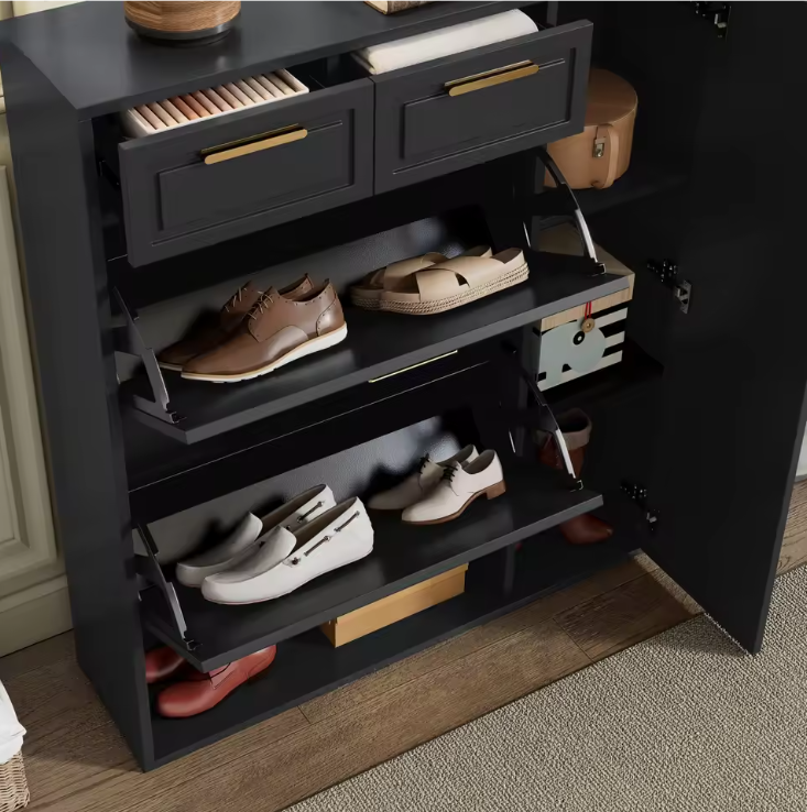 Moderne Zwarte Schoenenkast met Lades & Verstelbare Planken – MDF & Metaal