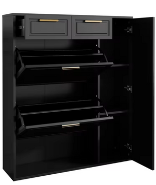 Moderne Zwarte Schoenenkast met Lades & Verstelbare Planken – MDF & Metaal