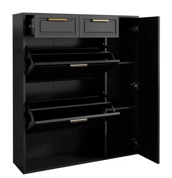 Moderne Zwarte Schoenenkast met Lades & Verstelbare Planken – MDF & Metaal