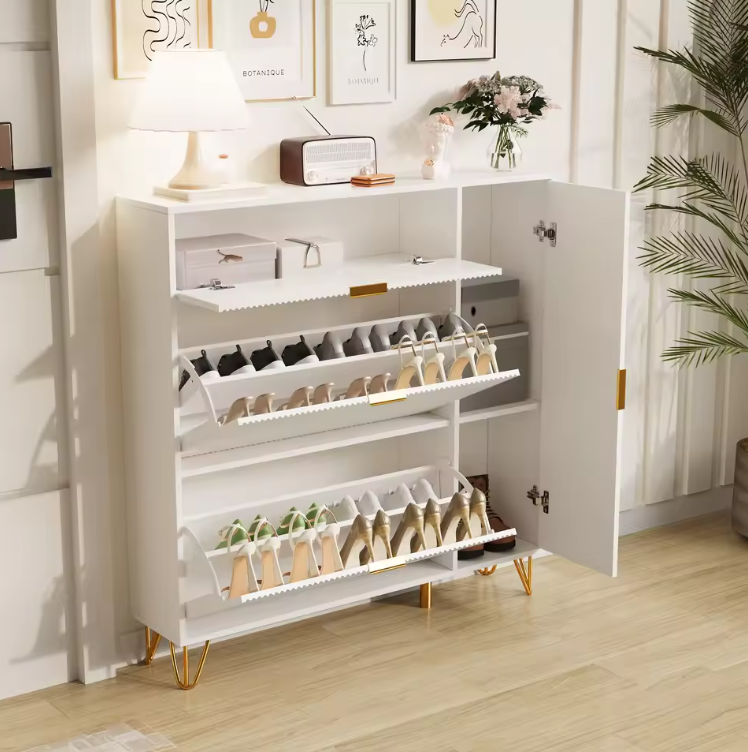 Moderne Witte Schoenenkast met 3 Klapdeuren & Opbergvakken – Ruimtebesparend & Stabiel