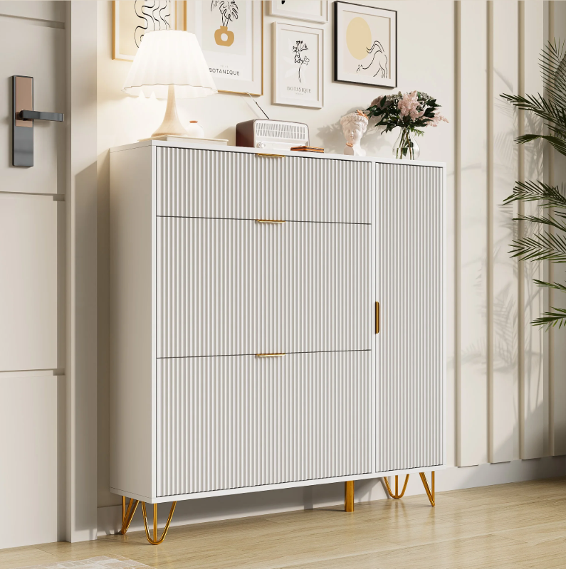 Moderne Witte Schoenenkast met 3 Klapdeuren & Opbergvakken – Ruimtebesparend & Stabiel