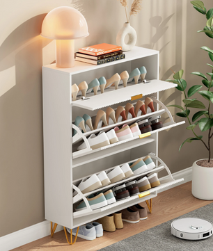 Moderne Witte Schoenenkast met 3 Klapdeuren & Opbergvakken – Ruimtebesparend & Stabiel