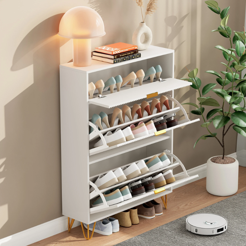 Moderne Witte Schoenenkast met 3 Klapdeuren & Opbergvakken – Ruimtebesparend & Stabiel