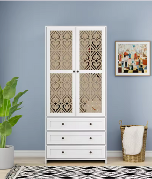 Boho Witte Opbergkast met Rotan Patroon & 3 Lades – 80x48x180 cm