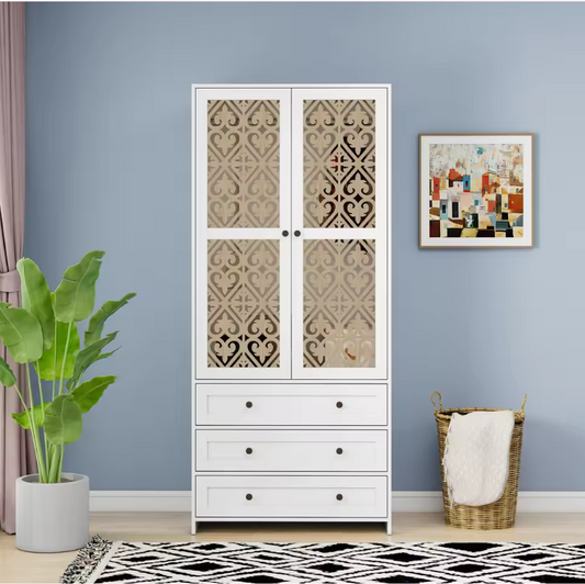 Boho Witte Opbergkast met Rotan Patroon & 3 Lades – 80x48x180 cm
