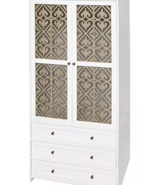 Boho Witte Opbergkast met Rotan Patroon & 3 Lades – 80x48x180 cm