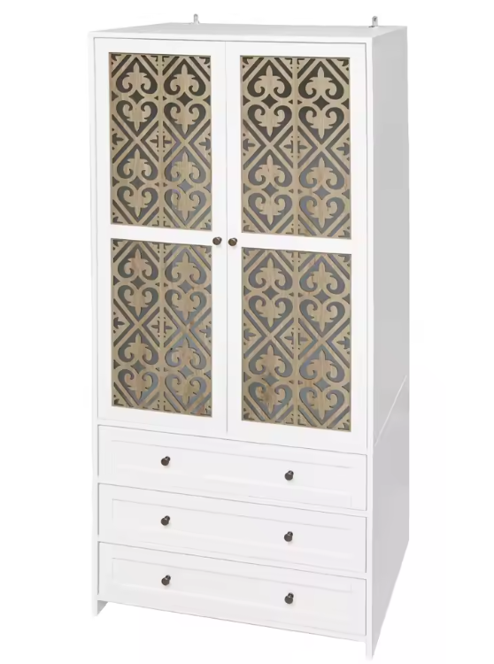 Boho Witte Opbergkast met Rotan Patroon & 3 Lades – 80x48x180 cm