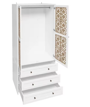 Boho Witte Opbergkast met Rotan Patroon & 3 Lades – 80x48x180 cm