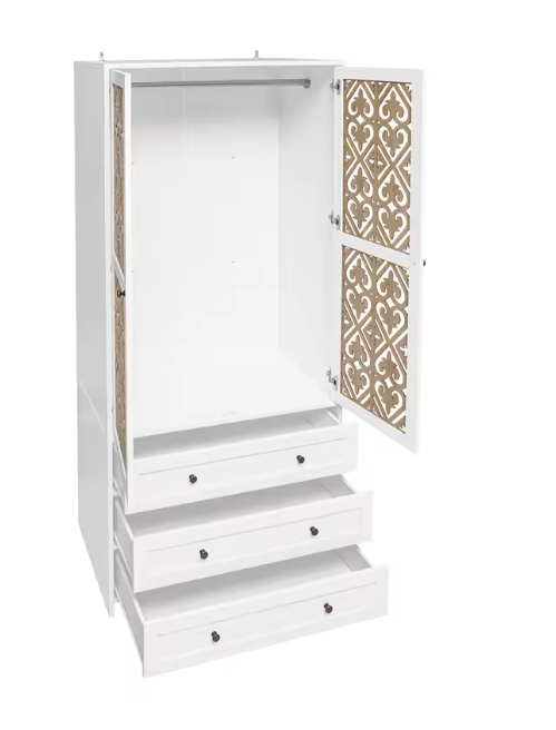 Boho Witte Opbergkast met Rotan Patroon & 3 Lades – 80x48x180 cm